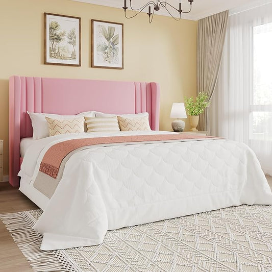 SHA CERLIN Queen Size Velvet Upholstered Platform Bed Frame with Vertical Channel Tufted Wingback Headboard, Wooden Slats Support, Easy Assembly, Under Bed Storage, No Box Spring Required, Pink