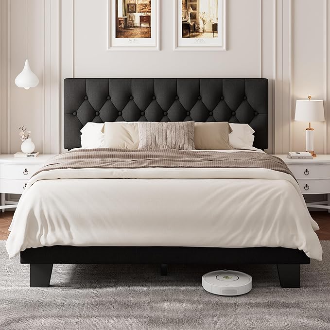 Queen Upholstered Bed Frame with Headboard, Button Tufted Linen Bed Base, Platform Bed with Wood Slat, Heavy Duty, Easy Assembly, No Box Spring Needed, Black
