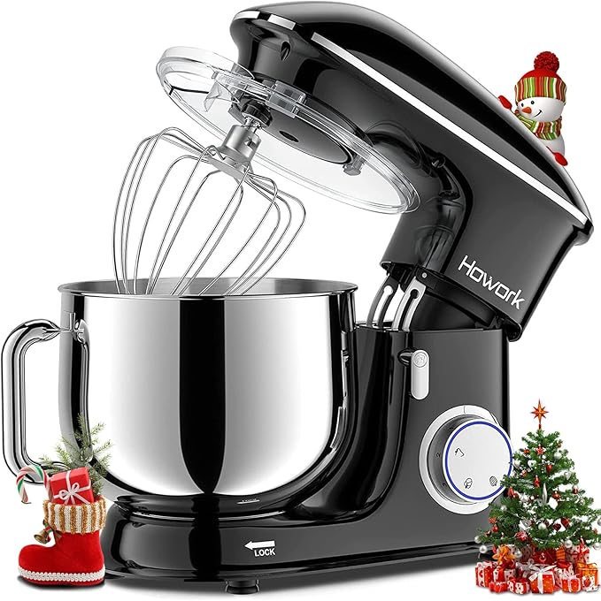 HOWORK 8.5QT Stand Mixer, 660W 6+P Speed Tilt-Head, Electric Kitchen Mixer With Dishwasher-Safe Dough Hook, Beater, Wire Whip & Pouring Shield (8.5 QT, Black)
