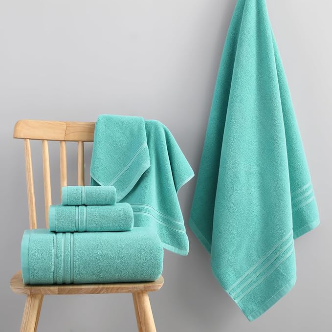 REDKISS 6 Piece Luxury Bath Towel Set - 100% Cotton Towels for Bathroom, 600 GSM Premium Turquoise Towels of 6, Includes 2 Large Bath Sheets, 2 Hand Towel, 2 Washcloths, Highly Absorbent
