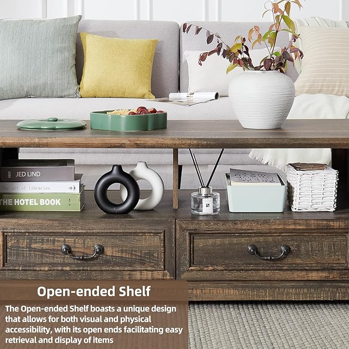 48'' Wood Coffee Table for Living Room, Farmhouse Coffee Table with Storage, Rustic Center Table for Living Room with 4 Drawers, Farmhouse & Industrial Cocktail Table for Home (Dark Rustic Oak)