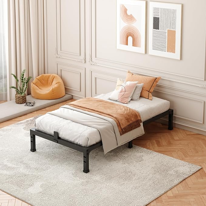 FUIOBYVV Twin XL Bed Frame,10 Inch Low-Profile Metal Platform with Space-Saving Design,Steel Slat Support,Non-Slip Mattress Stopper,No Box Spring Needed,Quiet and Sturdy,Easy Assembly