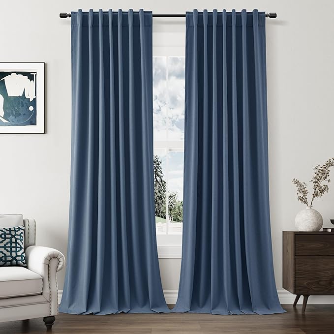 Guken Blackout Curtains 120 Inch Length 2 Panels Set for Living Room Bedroom Back Tab Thermal Insulated 100% Black Out Linen Drapes Room Darkening Window Curtains 120 Inches Long,Denim Blue