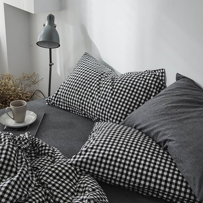 mixinni Black Gingham Comforter Set Twin XL, Plaid Comforter Set 3 Pieces 1 Black Grid Comfoter with 2 Pillow Cases for All Seasons, Soft Fluffy Modern Grid Pattern Printed Bedding-Twin XL Size