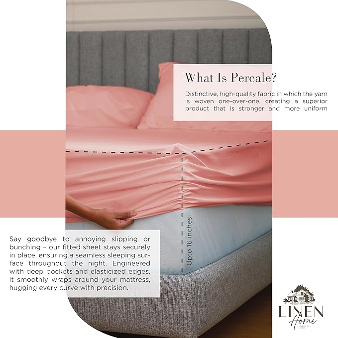 Linen Home 100% Cotton Percale Sheets King Size, English Rose, Deep Pocket, 4 Pieces Set - 1 Flat, 1 Deep Pocket Fitted Sheet and 2 Pillowcases, Crisp Cool and Strong Bed Linen
