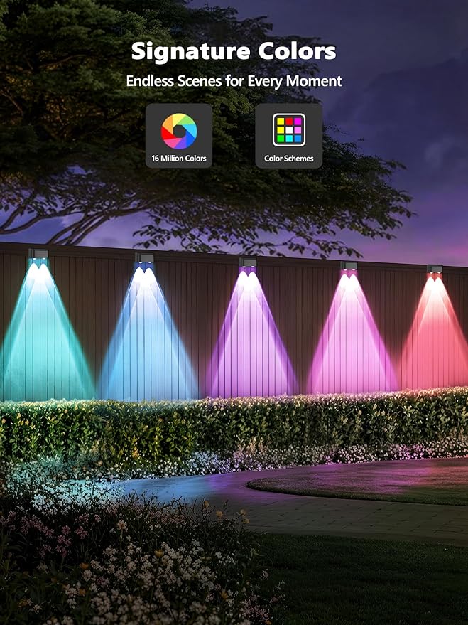 BrizLabs Smart Deck Lights, 6 Lamps RGBCW Outdoor Fence Lights Work with Alexa & Google Home, IP65 LED Patio Deck Lighting APP Controlled, Purple Orange Fence Lighting Music Sync for Patio Yard Garden