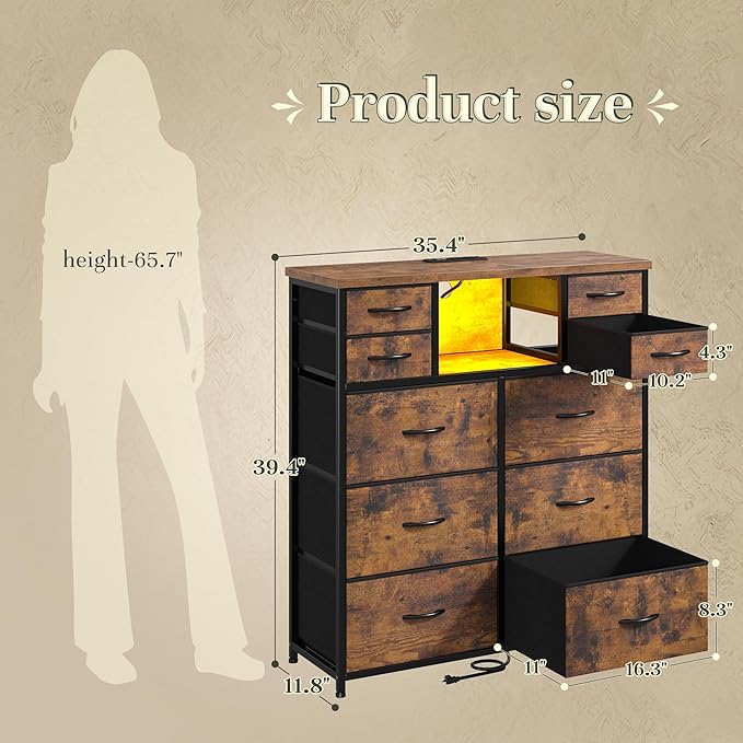 Dresser for Bedroom with Charging Station and LED and 10 Fabric Drawers, Sturdy Tall Chest of Drawers with 2 Open Storage Shelves Storage Tower for Closet, Hallway (Rustic Brown)