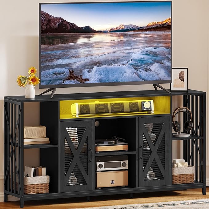 YITAHOME 33.5'' Tall TV Stands for Living Room, TV Entertainment Center with LED Light, TV Stand for TVs up to 70 Inch, Tall TV Console Cabinet with Power Outlets, Black