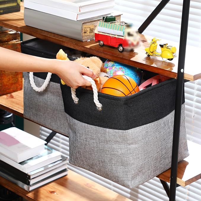 meekoo 8 Pack Collapsible Storage Bins Fabric Storage Bins Polyester Fabric Baskets with Handles Linen Closet Organizer for Shelf Home Closet Towels Toys(12 x 12 x 12in,Black Gray)