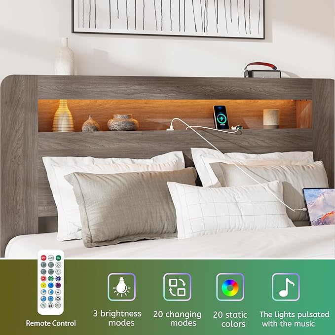 Wood Full Size Bed Frame with Headboard, Farmhouse Platform Bed Frame with Bookcase Shelf,LED Lights,Charging Station,Heavy Duty Supports,No Box Spring Needed,Dark Grey