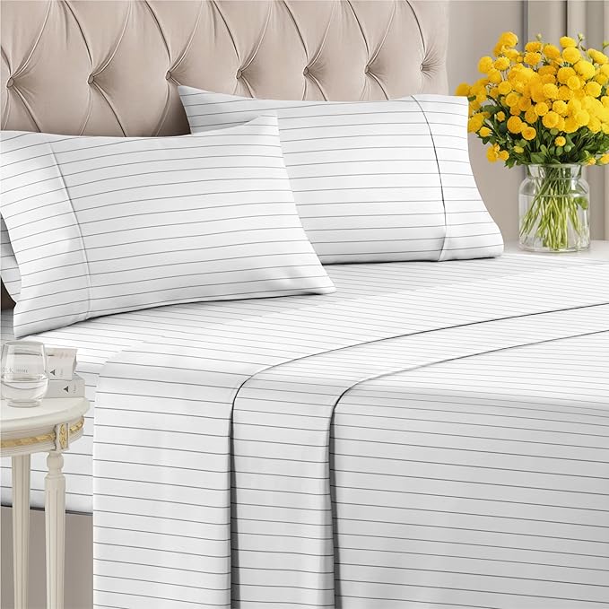Striped Sheets - Grey Striped Sheets - 1 Flat & 1 Fitted & 2 Pillowcases w/ Deep Pockets – Comfy, Wrinkle & Fade Free - Ultra-Soft, Breathable & Cooling – Luxury Pinstripe Bedding - Queen Size Bed Set