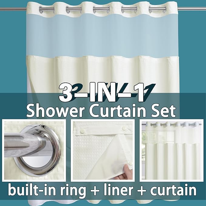 Extra Wide No Hook Waffle Weave Shower Curtain with Snap in Liner Set, 108" x 74" Hotel Luxury Beige Shower Curtains for Bathroom with See Through Top Window, Waterproof, Washable 108W x 74H