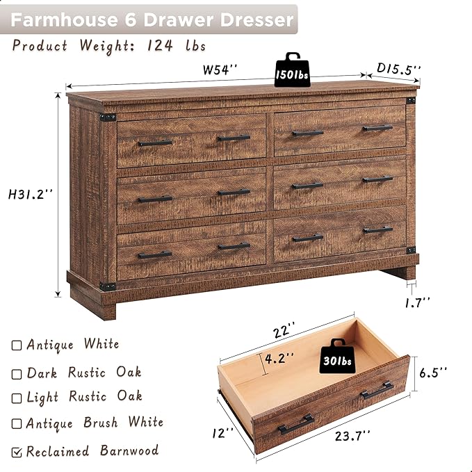 T4TREAM Farmhouse 6 Drawers Dresser for Bedroom, 54" Wide Wood Chest of Drawers w/Natural Texture & Metal Handle, Rustic Storage Dressers Organizer for Living Room, Hallway,Reclaimed Barnwood