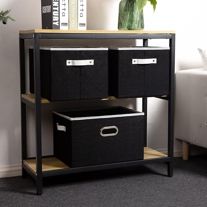 PRANDOM Larger Collapsible Storage Bins for Closet [5-Pack] Decorative Linen Fabric Storage Baskets Cubes with Leather/Metal Handles for Living Room Black (17.3x12.2x10.4 Inch)