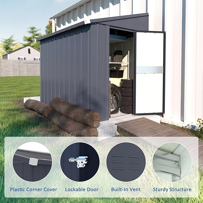 MUPATER Outdoor Storage Shed 4x6 FT, Garden Tool Shed, Metal Lean-to Shed Kit for Backyard Lawn with Lockable Door and Vents, Grey