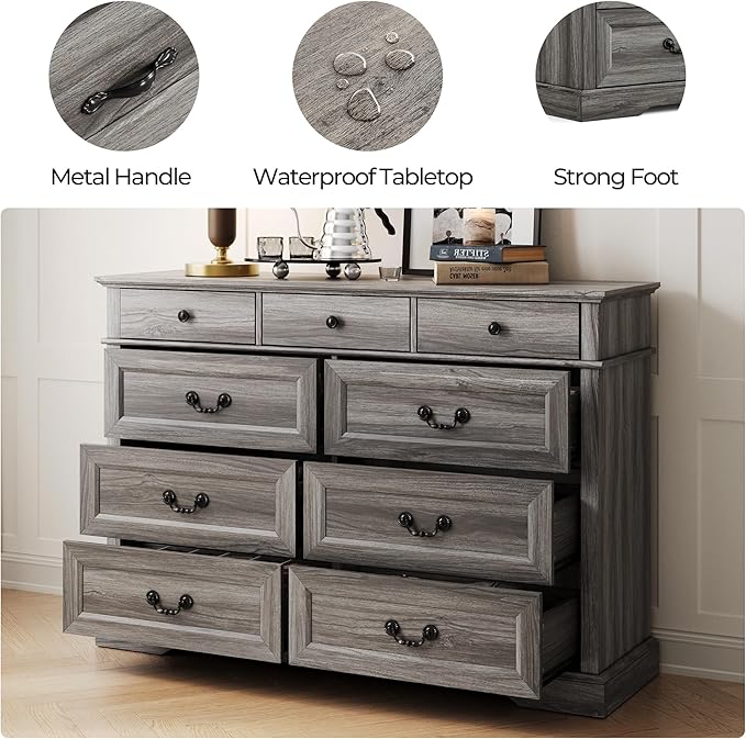 LINSY HOME Farmhouse 9-Drawer Dresser - Grey Chest of Drawers for Bedroom and Living Room Organization, Wood Dresser with Ample Storage Space and Rustic Charm, Grey