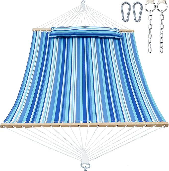 Double Quilted Fabric Tree Hammock with Spreader Bar, 14ft Hammocks 2 Person for Outside, Fits 12ft -14ft Hammock Stand, Large Pillow, Side Pocket & Carabiner, Max 475 lbs Capacity (Ocean Blue)