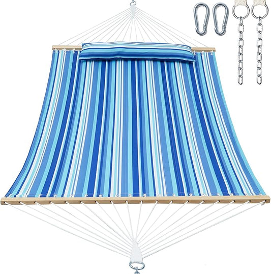 Double Quilted Fabric Tree Hammock with Spreader Bar, 14ft Hammocks 2 Person for Outside, Fits 12ft -14ft Hammock Stand, Large Pillow, Side Pocket & Carabiner, Max 475 lbs Capacity (Ocean Blue)