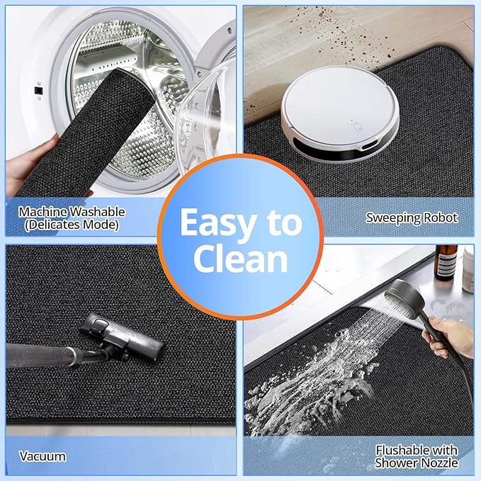 Upgraded Thin Bathroom Rugs, Bath Mat Super Absorbent, Bath Rugs Rubber Backing Non-Slip, Quick Dry Machine Washable, Cozy Cloth Bathroom Mat fit Under Door/Sink/ Bathtub/Shower/Kids 24''x36''-Black