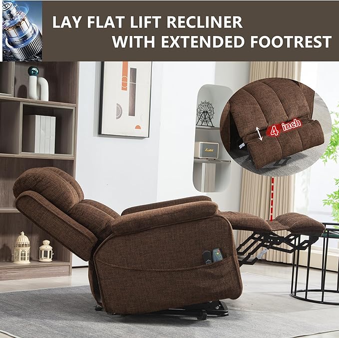 Oversized Lifting Recliners for Seniors, Extended Footrest, Big and Tall Recliners 400 lbs Lay Flat Recliner with Heat & Massage Side Storage Cup Holder for Elderly Relaxing