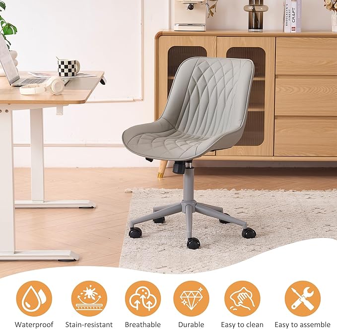 YOUNIKE Grey Home Office Desk Chair No Arms Comfy Small Vanity Chair Chair with Wheels Swivel Adjustable Modern Ergonomic Task with Back Armless Cute Leather Upholstered Rolling Chair