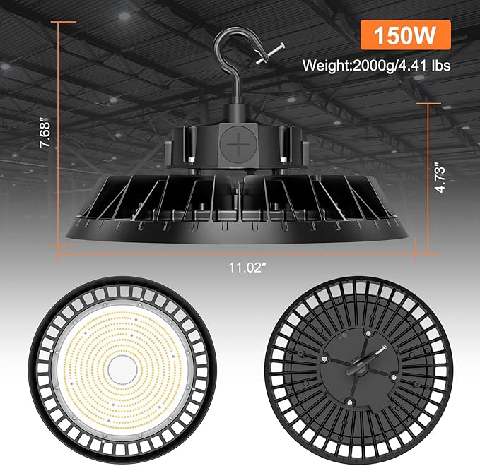 8Pack LED High Bay Lights, 150W UFO High Bay LED Shop Lights, 22500LM Adjustable CCT(5700K 5000K 4500K) & Power(150W 120W 80W), 0-10V Dimmable, 5' Cable Plug, IP65 Waterproof, ETL & DLC Listed