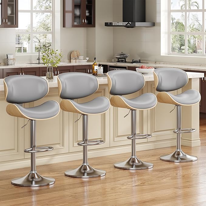 Bar Stools Set of 4, Bentwood Adjustable Height Swivel Bar Stools, PU Leather Upholstered Bar Chair with Back and Footrest for Bar, Kitchen, Grey