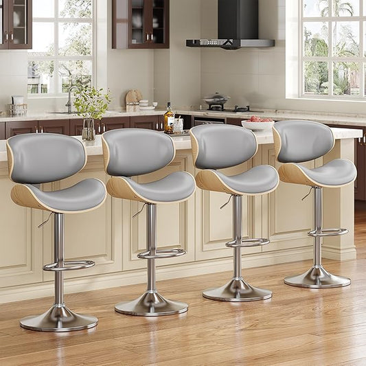 Bar Stools Set of 4, Bentwood Adjustable Height Swivel Bar Stools, PU Leather Upholstered Bar Chair with Back and Footrest for Bar, Kitchen, Grey