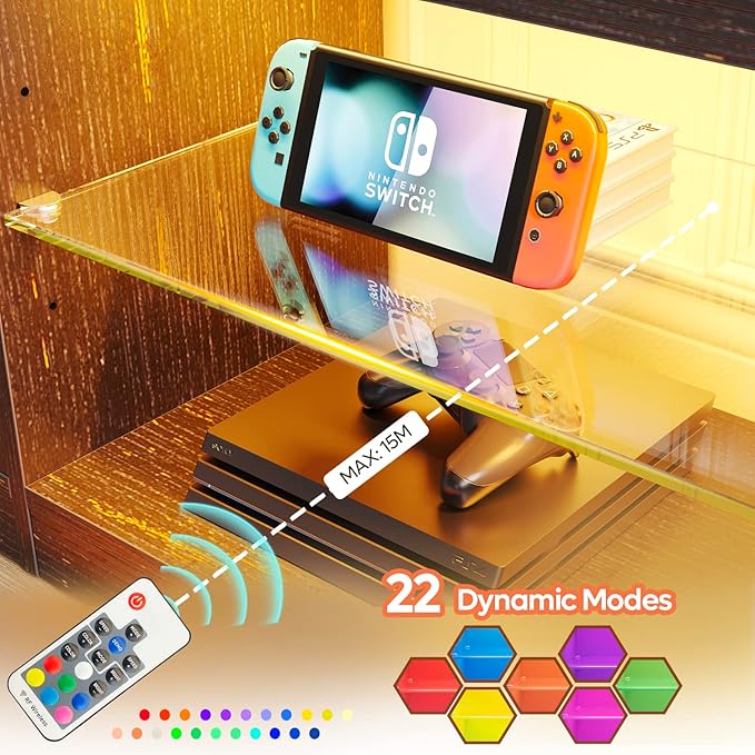 Bestier 70 Inch Led TV Stand for 75 Inch TV Large Entertainment Center Gaming with Adjustable Glass Shelves Two Cabinets Modern TV Console for Living Room 22 RGB Modes, Golden Black