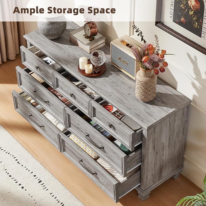 Farmhouse 7 Drawer Dresser for Bedroom, 54” Wide Dresser for Closet, Large Rustic Wooden Dressers, Chest of Drawers for Bedroom, Living Room, Entryway, Grey
