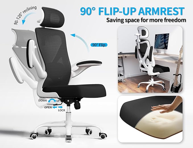 Ergonomic Office Chair - Computer Desk Chair with Adjustable Lumbar Support - 300lbs Executive Desk Chair High Back with Headrest Flip-Up Arms for Long Hours, Rolling Chair (White Black)