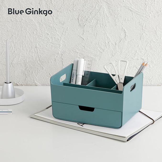 BLUE GINKGO Portable Desk Organizer – Compact 3 Compartment, Half-drawer Storage – Pen Holder, Stationery Desktop Organizer for Office, Makeup, Crafts (Made in Korea, Green)