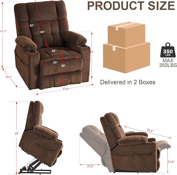 SALOHZA Power Lift Recliner Chair for Elderly with Massage and Heat for Living Room, Electric Recliner Chair for Adults with USB/Type C Port/Cup Holders, Velvet Fabric, Coffee