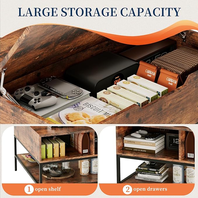 Flip Top Coffee Table with Storage, Square Coffee Tables with Large Hidden Compartment, Farmhouse Rustic Pottery Barn Coffee Table with Opening & Shelf for Living Room, Assembly Required