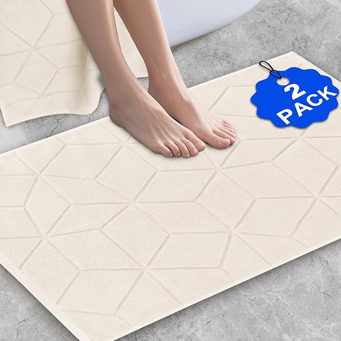 VOOVA & MOVAS Hotel Cotton Bath Mats Set [Not Bathroom Rug] - 2 Pack | 19"x30" | Thick 1100GSM | Washable & Absorbent, Soft Floor Towel - Beige Terry Cloth Bath Mat, Cream Foot Towels for Bathroom