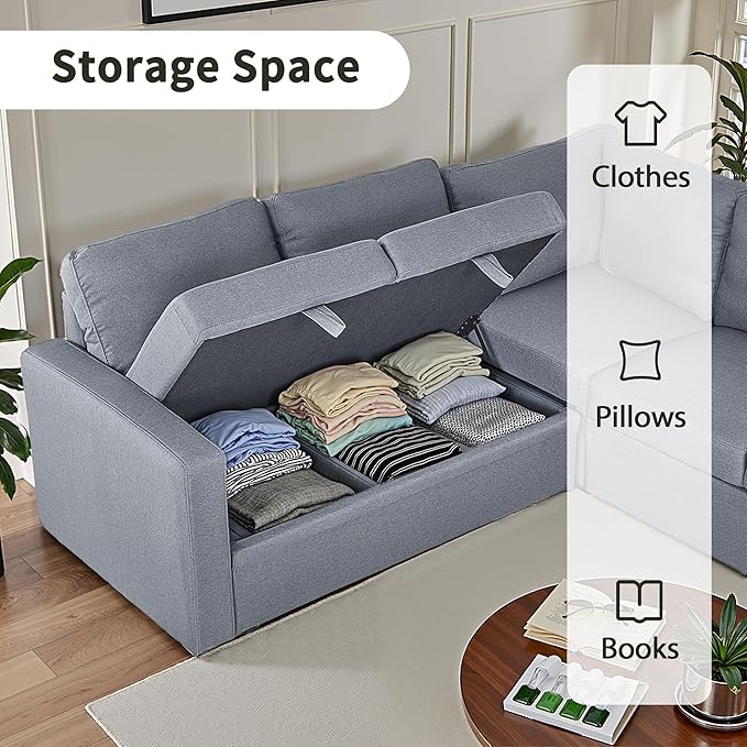 83" Pull Out Sleeper Couch with Storage Chaise, Couch, Sofa Bed, Convertible L Shaped Sofa for Living Room, Apartment, Grey