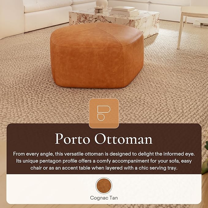 Poly & Bark Porto Ottoman – 37" Pentagon Pouf with Feather-Down Topper – Full-Grain Leather Upholstered Pouf Ottoman for Living Room – Vintage Italian Leather in Cognac Tan