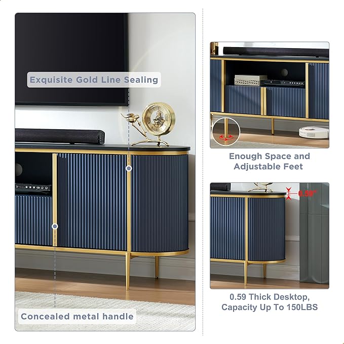 OKD Luxury 70" Fluted TV Stand, Modern Chic Entertainment Center for TVs Up to 80 inches, TV Console with Faux Marble Top, Curved Profile Design, Media Console for Living Room, Navy Blue