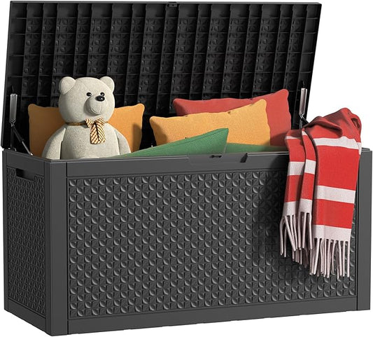 100 Gallon Outdoor Storage Box Waterproof, UV Resistant Resin Deck Box with Hydraulic Rod, Reinforced Stability for Patio, Garden, Quad Leaf Black