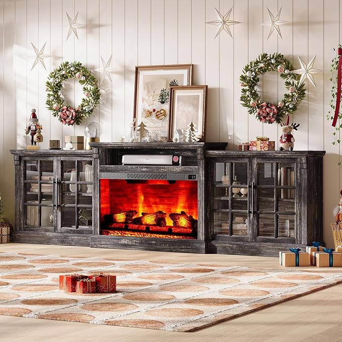 97" Farmhouse TV Stand with 33" Fireplace for TVs up to 100", Media Entertainment Center with Large Storage Cabinet and Adjustable Shelves for Living Room, Rustic Black