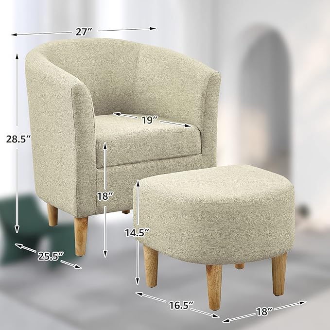 DAZONE Accent Chair, Barrel Chair with Ottoman Comfy Arm Mid Century Modern Footrest Set Comfortable Living Room Chairs Upholstered Club Tub Sofa for Bedroom Reading Beige Set of 1