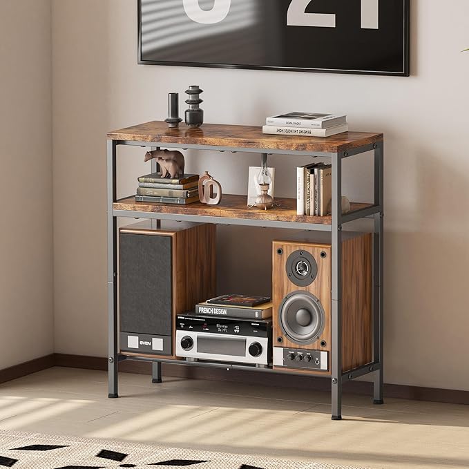 Homeiju Entryway Table with Storage, 3-Tier Console Table 31.5" Width, Industrial Sofa Table with Open Shelves, Foyer Tables for Entryway, Hallway, Kitchen, Living Room and Bedroom, Rustic Brown