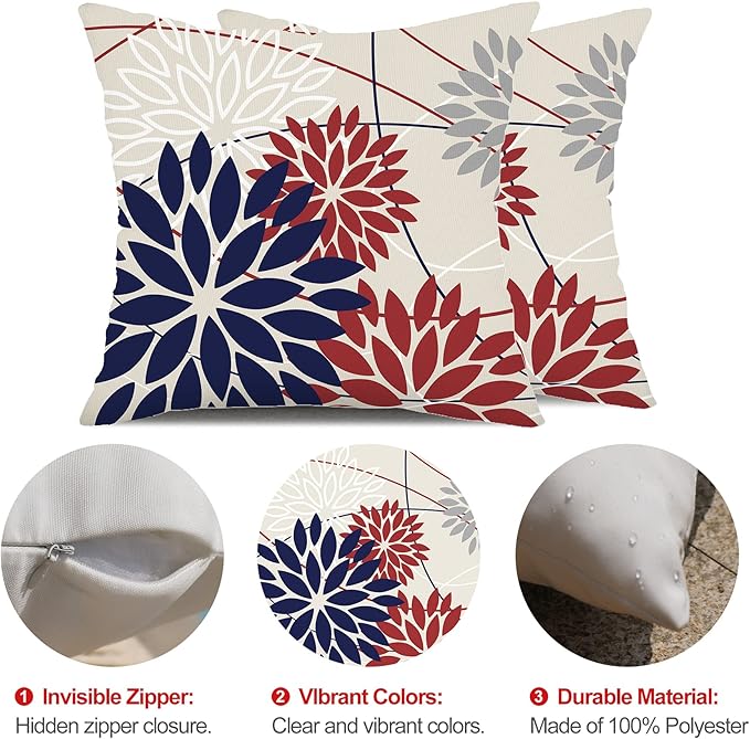 DFXSZ 4th of July Pillow Covers 20x20 Inch Set of 2 Patriotic Blue Red Floral Outdoor Waterproof Decorative Throw Pillows Polyester Cushion Case Decor for Patio Funiture Garden Couch 01H20