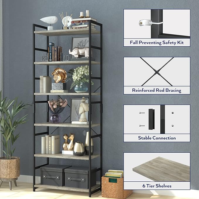 NUMENN 6 Tier Bookshelf, Tall Bookcase Shelf Storage Organizer, Modern Book Shelf for Bedroom, Living Room and Home Office, Grey