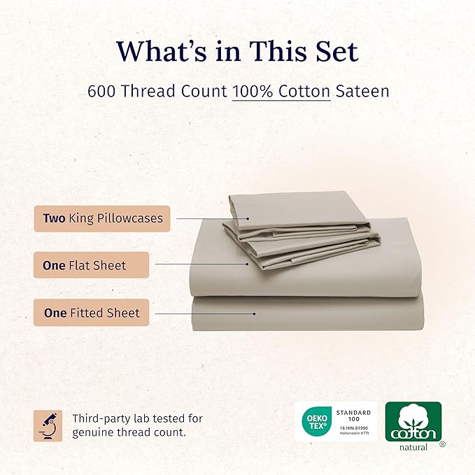California Design Den Hotel Quality King Bed Sheets Set - Luxury 600 Thread Count Sateen, Natural 100% Cotton King Sheet Set, Fully Elasticized Deep Pockets, Cool and Durable Bedding - Soft Linen