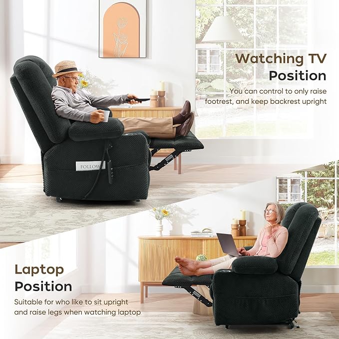 Large Dual Motor Lay Flat Power Lift Recliner Chair, Massage Recliner Chairs with Heat, Lumbar Pillow, USB & Type-C Ports, Oversized Recliner for Big & Elderly People for Living Room - Grey