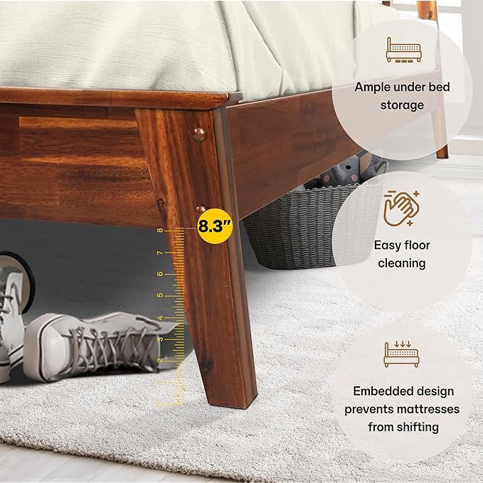 Acacia Kaylin Bed Frame with Headboard Solid Wood Platform Bed, King Bed Frame, Themed Headboard Wood Bed Compatible with All Mattress Types, No Box Spring Needed, Quick & Easy Assembly, Caramel.