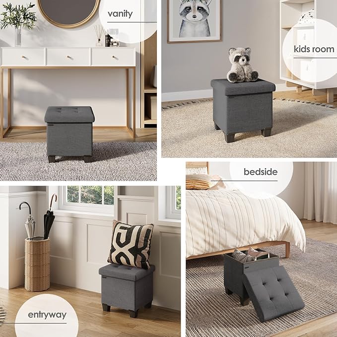 STORAGEBUD Storage Ottoman Cube with Small Bin, 16-in Square Ottoman with Storage for Living Room and Bedroom, Small Ottomans Foot Rest, Fabric Foot Stools Ottomans Max 330lbs, Grey