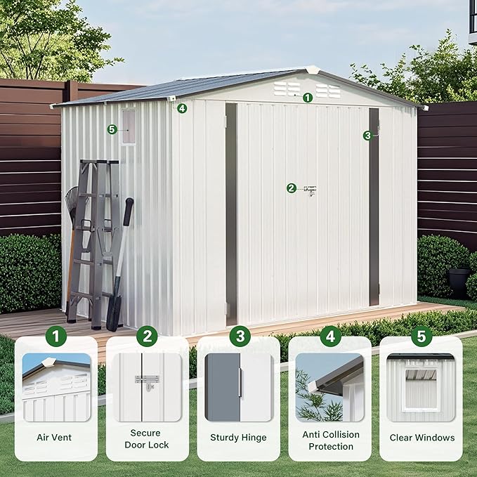 8 x 6 FT Outdoor Storage Shed, Metal Garden Tool Shed with Slooping Roof, Lockable Doors and Aluminum Frames, Easy to Assemble for Garden, Patio, Lawn, White+Black