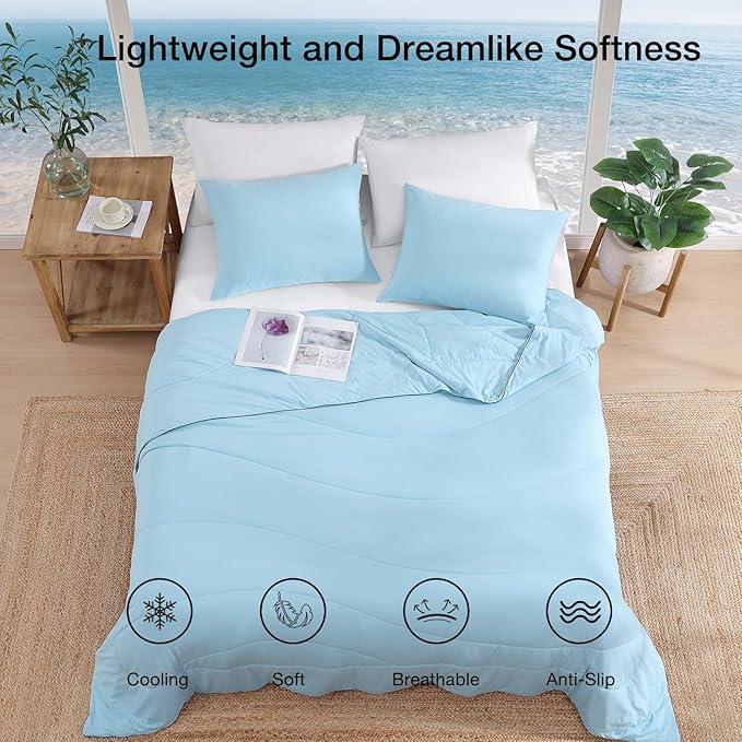 Monbix ChillChilla Cooling Comforter Queen Size-3 Pieces Cooling Blankets for Hot Sleepers and Night Sweats, Double-Sided Summer Queen Comforter Set, Breathable Lightweight Blanket Blue
